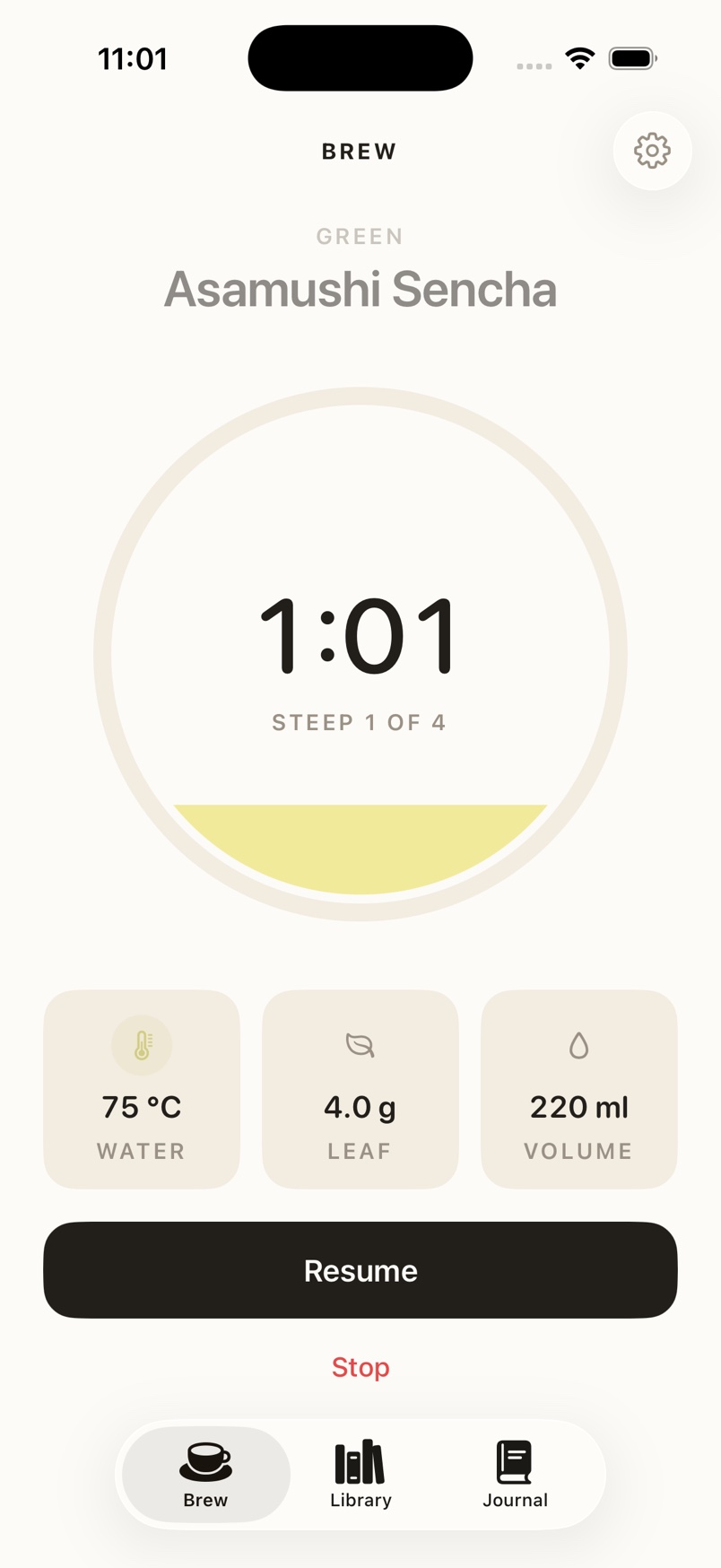 Pekoe multi-steep tea timer paused with one minute remaining