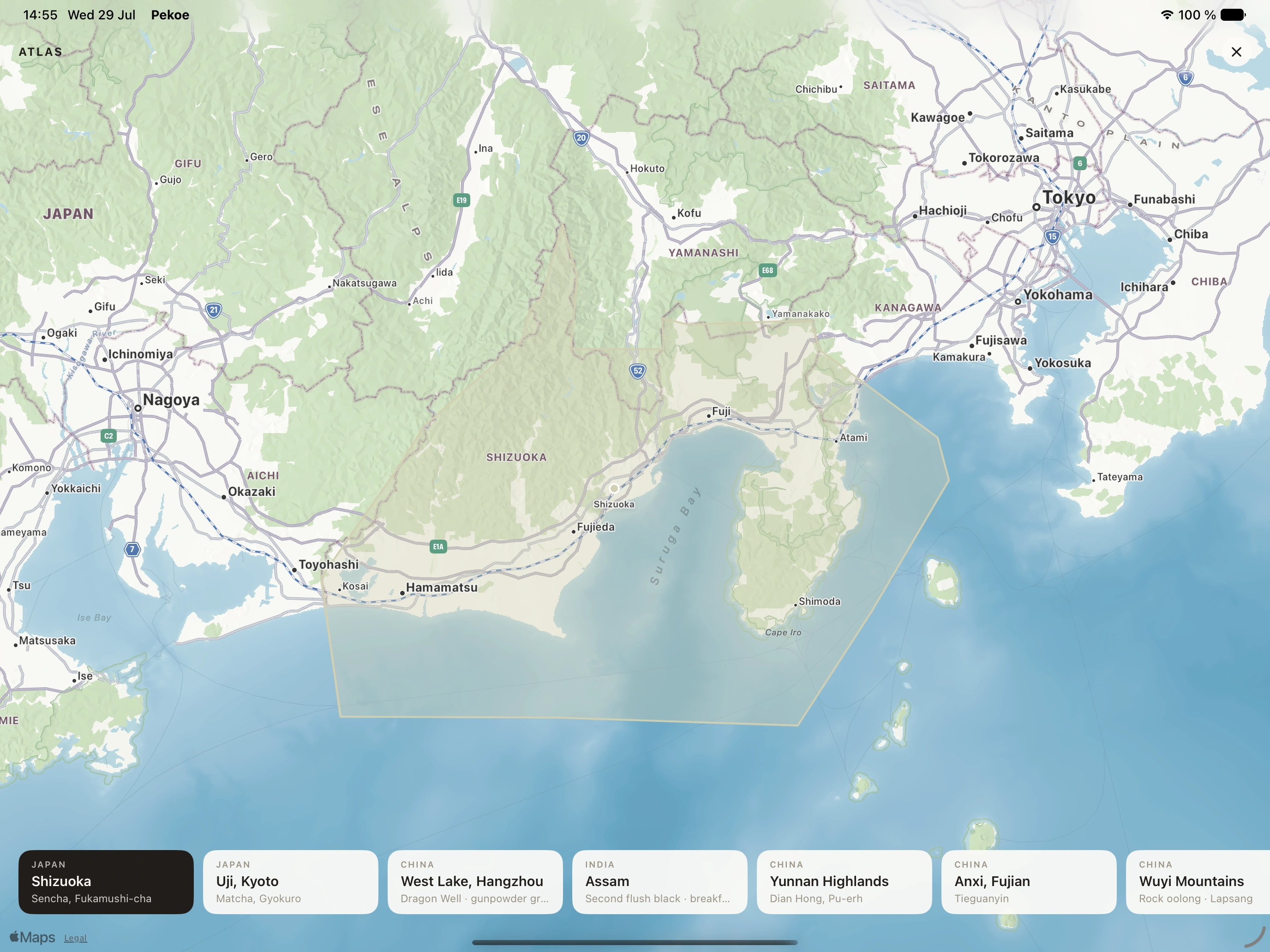 Pekoe Atlas on iPad, with a full-screen map and tea regions across Japan, China and India